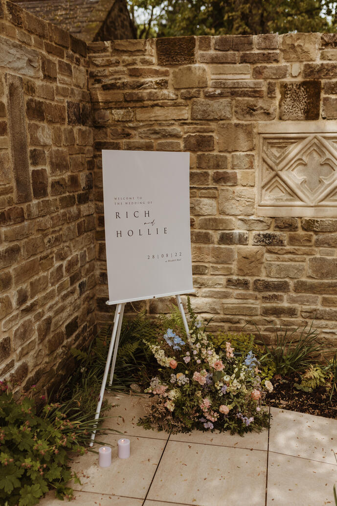 Welcome sign on an easel with flowers and candles Welcome sign on an easel with flowers and candles