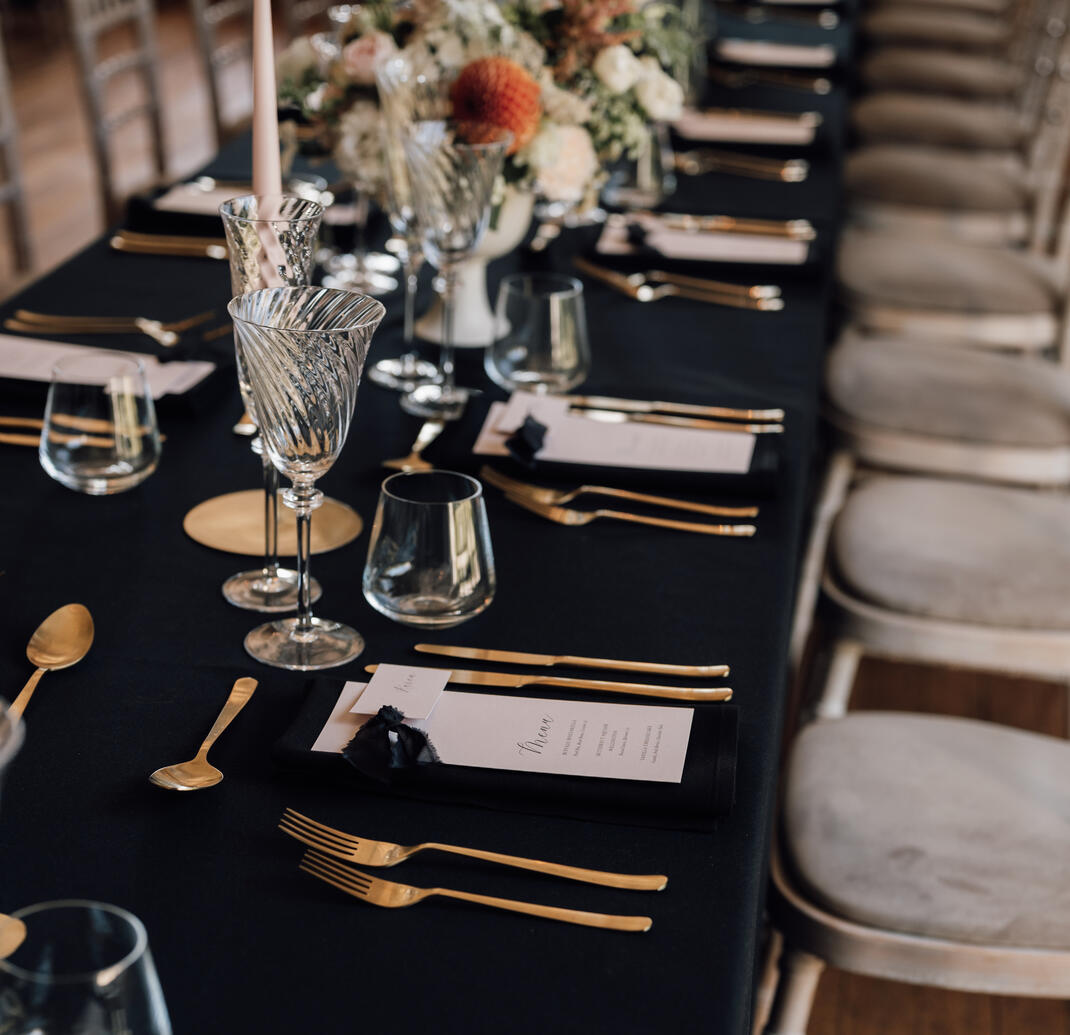 Dining table in Birdsall House styled for a wedding